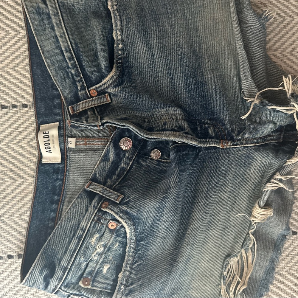 Agolde Blue Frayed Denim Shorts